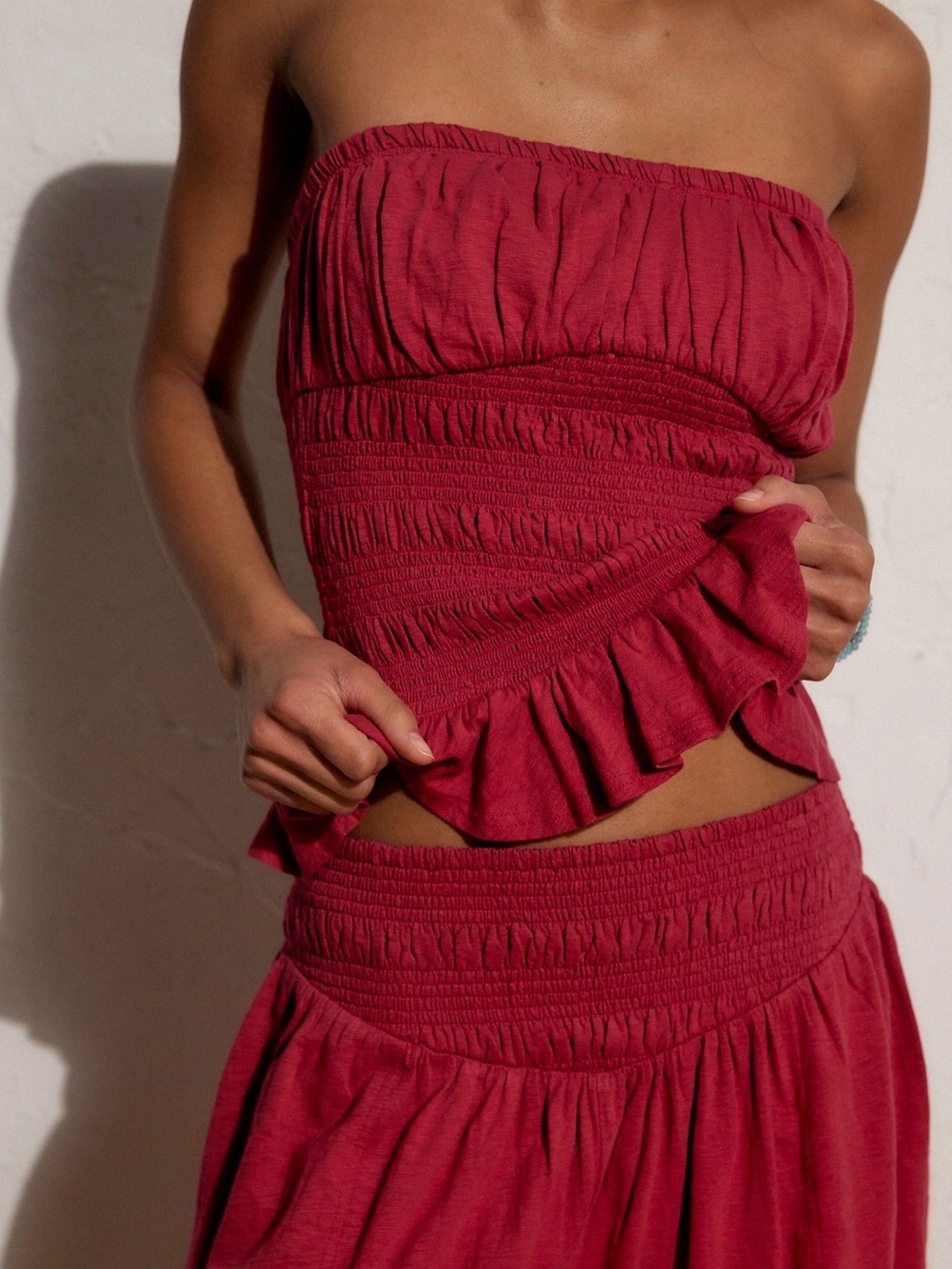 Free People Strapless Smocked Wide-Leg Jumpsuit in Burgundy - Picture 3 of 4
